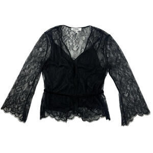 FRAME Lace V-Neck Blouse Floral Black Size S